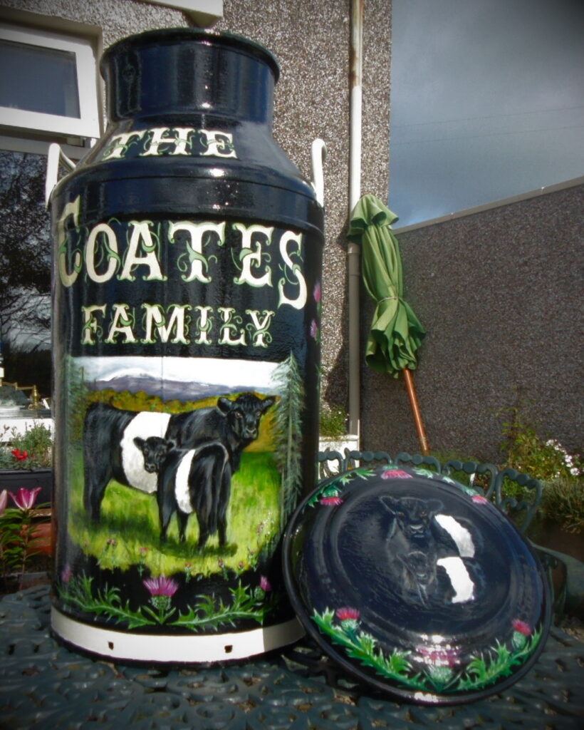 Milk Churn with painting of Cow and calf