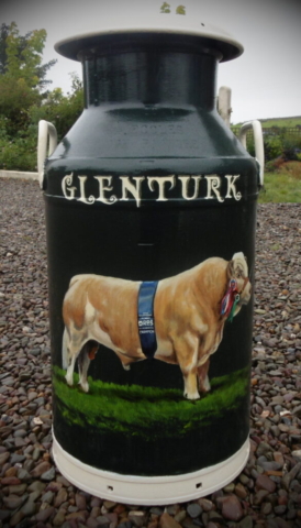 Milk Churn with painting of a Prize winning bull