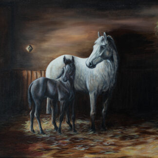 oil painting of grey mare and foal in a stable